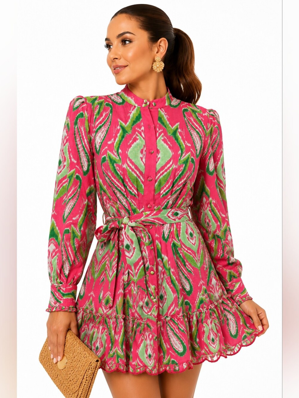 NWT Hemant & Nandita Pink Green Ikat Print Linen Blend Belted Shirt Dress M